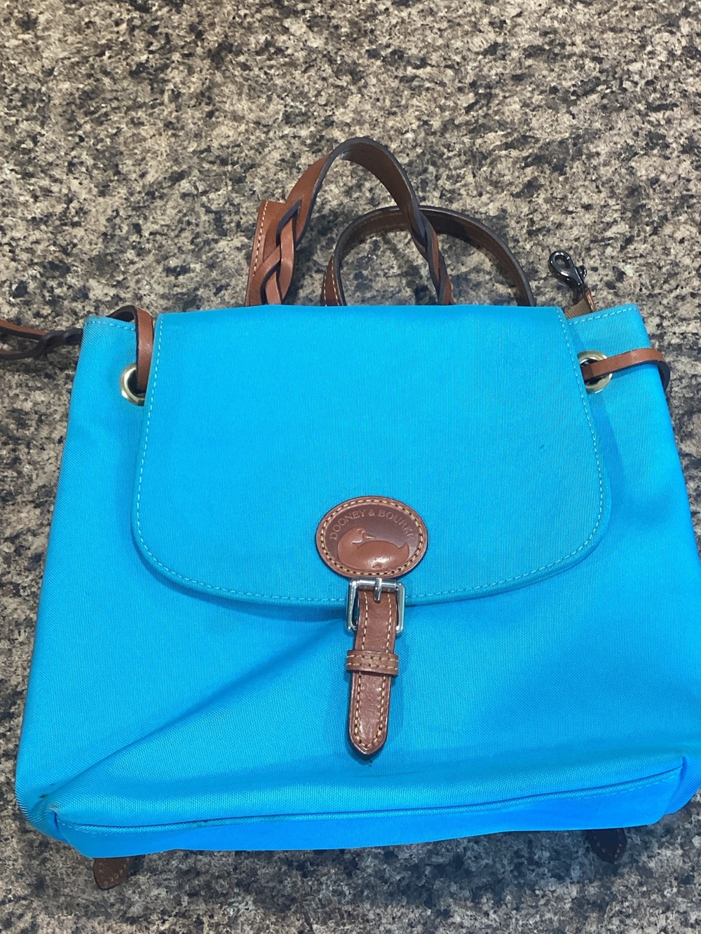 Dooney & Bourke Turquoise Nylon Backpack with Brown Leather Trim